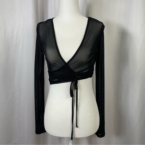 Garage XS Black Mesh Long Sleeve Crop Top Wrap V Neck Sheer Party Date Night